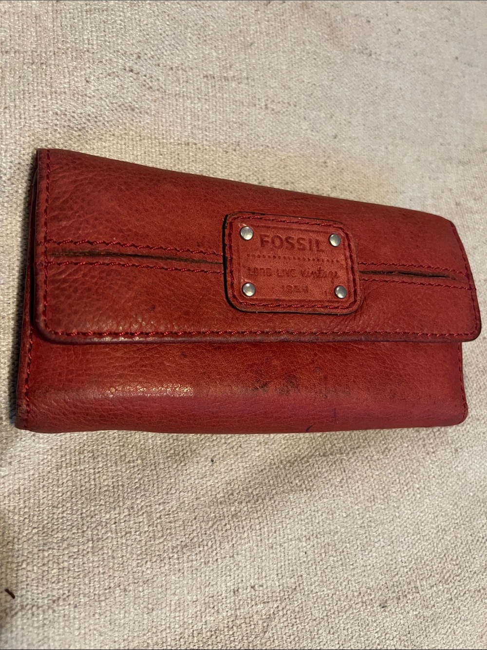 Fossil Red Leather Fold-Over Wallet with Logo Plaque